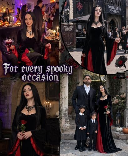 Morticia Addams Costume with Wig Women Halloween Gothic Maxi Dress