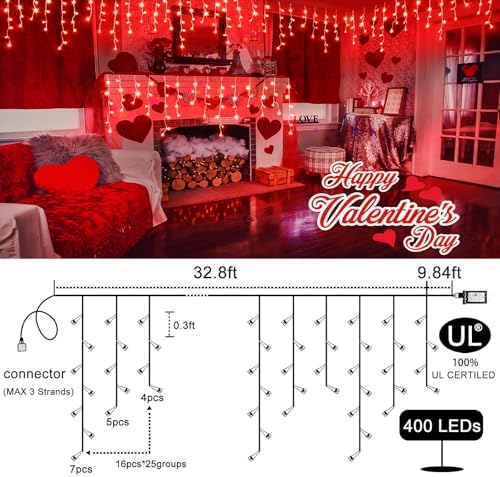 33FT Icicle Lights for Outside 400 LED Red Christmas Lights