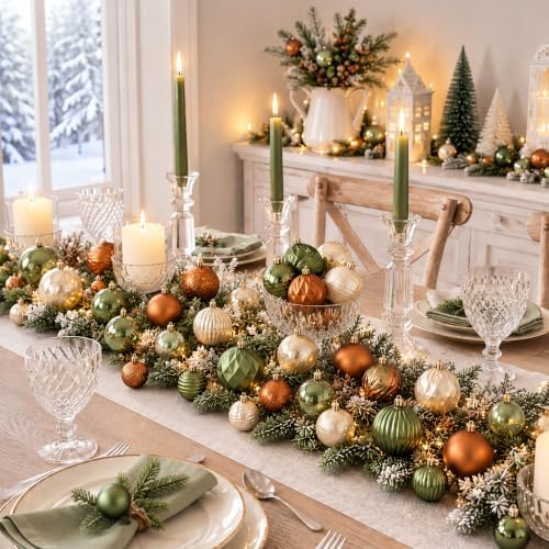 Lunmon 64 Pcs Earthy Christmas Ornaments Olive Green Copper Champagne Gold