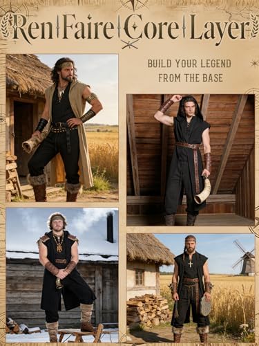 Verceco Mens Pirate Costume 8PCS Renaissance Sleeveless Shirt Ankle-Banded Pants Sash Belt & Accessories LARP Cosplay