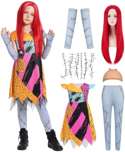 Girls Christmas Nightmare Cosplay Outfit Kids Toddler Doll Princess Halloween Costumes with Red Wig Tattoo Stickers