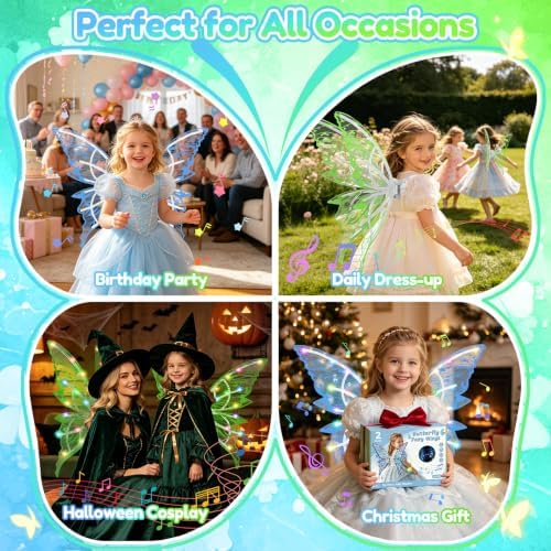 Light Up Fairy Wings for Girls, 2 Packs Electric LED Butterfly Wings Fairy Costume, Fairy Wings Kids Dress Up Toys, 3 Wearing Styles Pretend Play Toys for Halloween Christmas Birthday Gifts Ages 3+