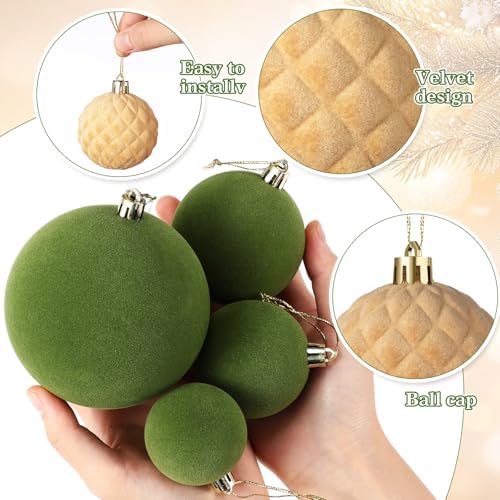 Hollowfly 95 PCS Velvet Christmas Tree Decor Set, Green, Brown, Khaki
