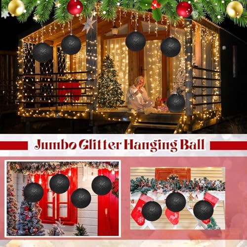 Zubebe 6 Pcs 8" Jumbo Christmas Ball Ornaments Lawn,Black Glitter