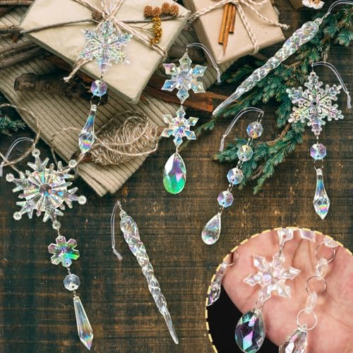 GuassLee 36pcs Crystal Christmas Tree Ornaments - Iridescent Acrylic Snowflake Icicle Drop Crystal Hanging Ornaments for Christmas Tree Winter Wonderland Frozen Themed Birthday Party Decor