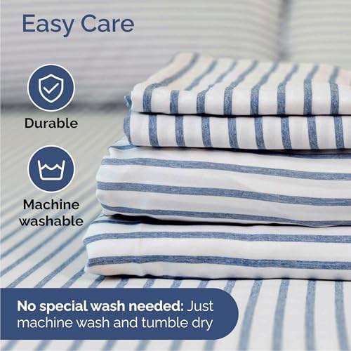 Queen Size 4 Piece Sheet Set - Breathable & Cooling Sheets - Blue Stripes