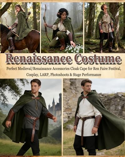 kasahara Renaissance Hooded Cloak Medieval Costume Accessories for Men Women Halloween Costume Cape Belt Pouch Bracers