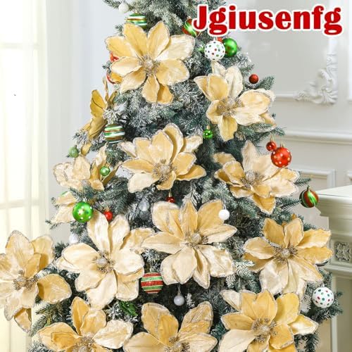 Thiccywoov 8 Pack Large 12'' Christmas Velvet Magnolia Flowers, Champagne