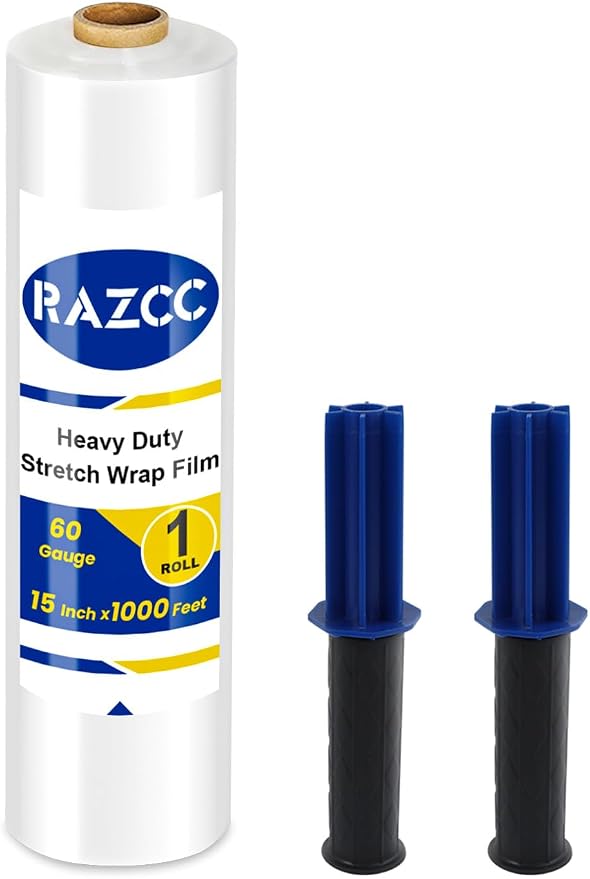 Stretch Film, RAZCC Stretch Wrap Industrial Strength, Shrink Wrap for Pallet Wrap, Heavy Duty Clear Plastic Wrap with Handles, Moving Wrapping Plastic Roll, 15" x 1000 Ft Per Roll, 60 Gauge, 1 Pack