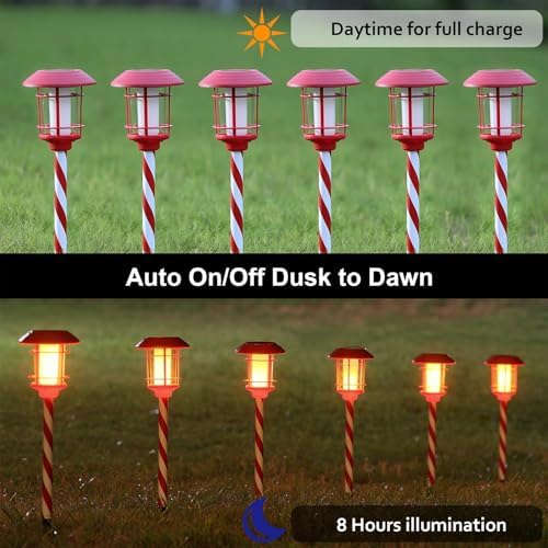 Dynaming 6 Pack Christmas Solar Flame Garden Lights Outdoor, Dual Use Flickering Flame Torch Candy Cane Pathway Marker, Xmas Hanging Lantern Lights, Waterproof & Auto On/Off for Patio Walkway Driveway