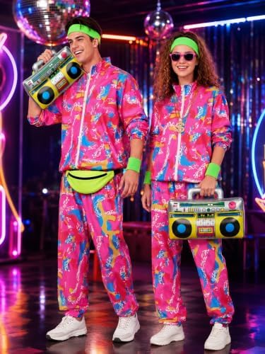 SOMSOC 80s Tracksuit for Men Women Halloween Costume Retro Windbreaker Set Neon 90s Outfit Couple Jogger Suit