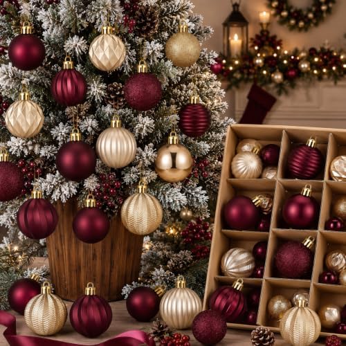 Lunmon 64 Pcs Burgundy and Gold Christmas Ball Ornament 1.57/1.97/2.36 Inch