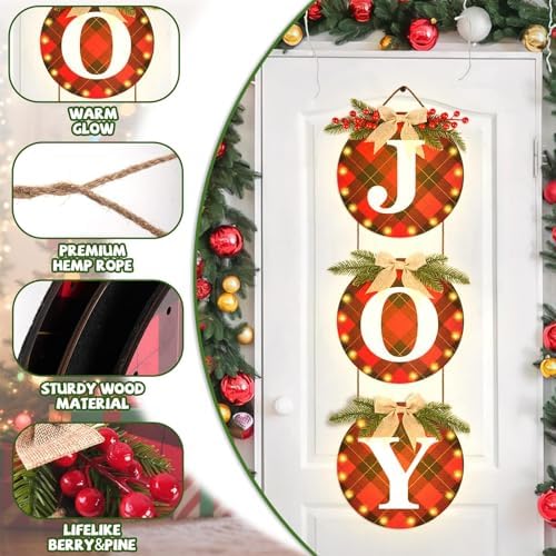 Lighted Christmas Joy Door Sign, Wooden Buffalo Plaid Decor with LED Lights