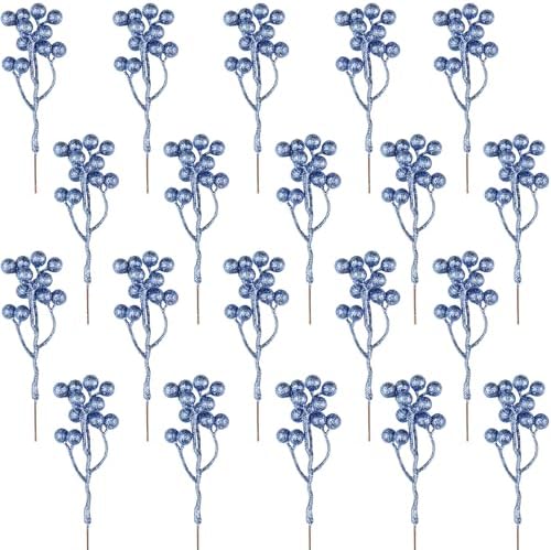 Fangoo 20 Pack 7 Inch Artificial Blue Berry Stems Christmas Blue Berries Picks Holly Berry Branches for Christmas Tree Ornaments DIY Crafts Wedding Holiday Season Winter Home Decor