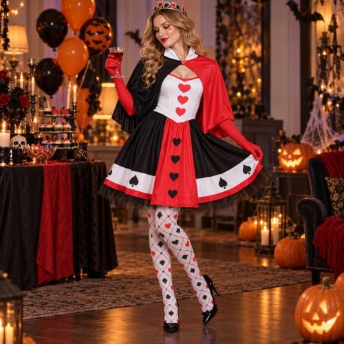 5PCS Red and Black Queen Costume for Women Halloween Playing Card Outfit