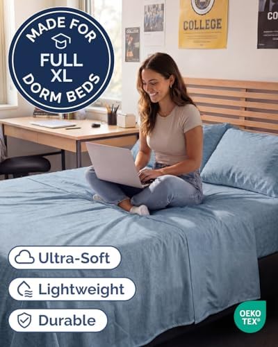 Full XL Sheets - 4 Piece Full XL Sheet Set - Breathable - Heathered Blue