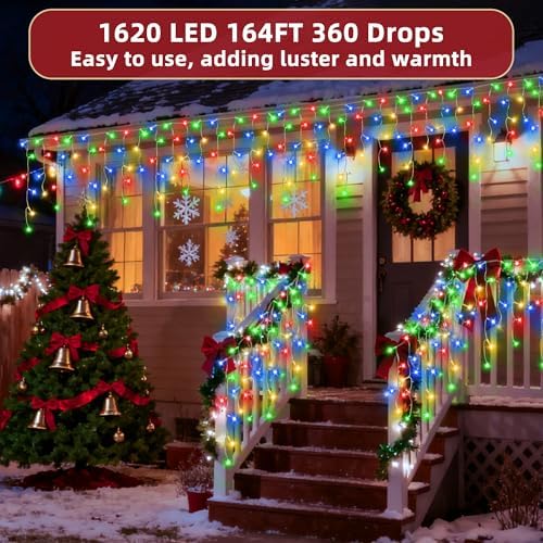 1620 LED Christmas Lights Outdoor 164 FT with 360Drops, Christmas Decorations Hanging Lights 12 Modes, Dimmable Outsite Fairy String Lights for Wedding Party Holiday Winter Wonderland Decor Multicolor