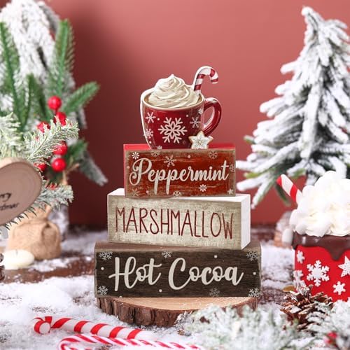 Moucuny 4 Pcs Christmas Table Decorations, Peppermint Hot Cocoa Bar Sign