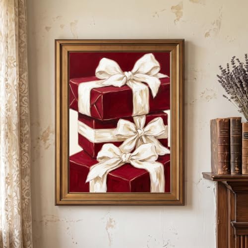 Framed Canvas Wall Art Painterly Gift Boxes Deep Red Wrapping with Thick White Ribbons Canvas Print Poster Gold Frame Wall Decor for Dining Room and Living Room Festive Art, Holiday Decor - Inch 8x10