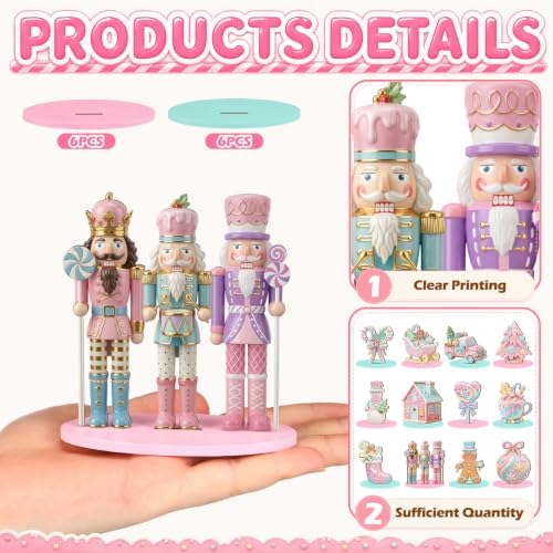 Leinuosen 12 Pcs Christmas Table Decoration Pastel Christmas Tiered Tray Decor Pink Wooden Gingerbread Candy Centerpieces Nutcracker Truck Snowman Signs for Xmas Gift Home Kitchen Coffee Bar Shelf