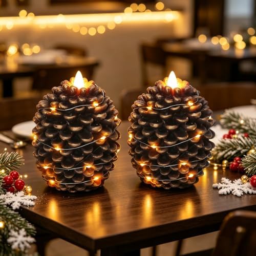 Wondise Pine Cone Flameless Candles with 6H Timer String Lights