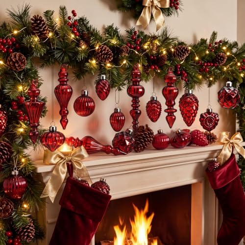 Vercraft 20 Pcs Vintage Mercury Glass Finial Christmas Ornaments, Burgundy