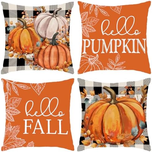 Fall Decor for Home,Fall Pillow Covers 18x18 Set of 4 Rustic Indoor Outdoor Decorations Orange Plaid Throw Pillow Covers,Hello Pumpkin Linen Autumn Cushion Case for Sofa Couch Chair Bedroom