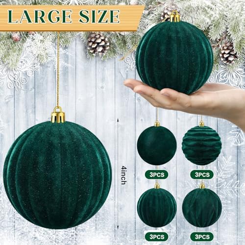 Liliful 4 Inch 12 Pcs Velvet Christmas Ornaments Balls, Dark Green