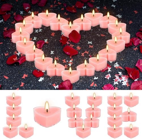 50-Pack Pink Heart Tea Wax (4-Hour Burn) - Rose-Scented Candles for Valentine's Day, Anniversaries, Weeding,Pool Parties & Romantic Decor & Special Occasions.