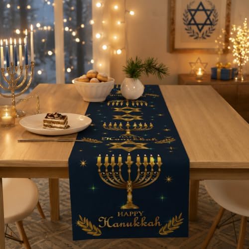 Hanukkah Decorations - Navy Blue Gold Hanukkah Table Runner