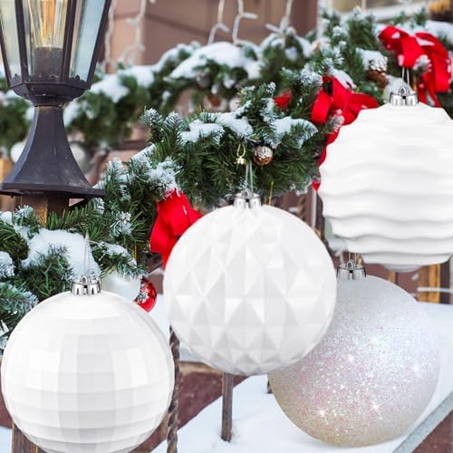 Poen 12 Pcs 6 Inch Extra Large Christmas Ball Ornaments Outdoor Christmas Tree Decoration Hanging Plastic Balls Oversized Glitter Xmas Balls for Outside Lawn Yard Tree Decoration(White)