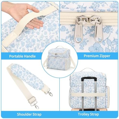 CUBETASTIC Extra Large Nail Polish Organizer Case Holds 86 to 100+ Bottles Nail Polish & Nail Lamp, Nail Supplies Storage Carrying Bag with 2 Removable Pouches (Blue Floral, 86 Slots)