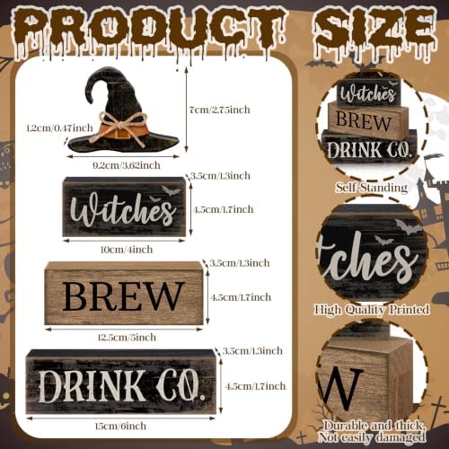 Lineshading 4 Pcs Halloween Witch Wood Block Signs, Tiered Tray Decor
