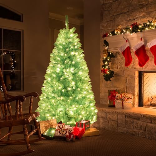 HAPPYGRILL 6 FT Pre-lit Artificial Christmas Tree Blue Hinged Xmas Tree with 758 Branch Tips, 280 Warm White LED Lights & Folding Metal Stand, Pre-Lit Holiday Decoration Tree for Home Office