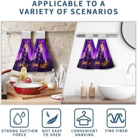 Halloween Haunted Castle Kitchen Hanging Towels Full Moon Pumpkin Ghost Witch Hand Tie Towel with Hanging Loops Dish Towels Washcloth Soft Absorbent for Bathroom Set of 2