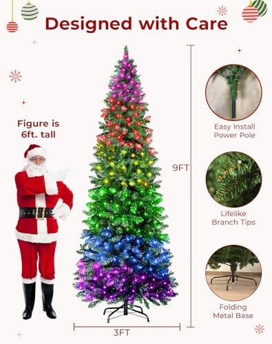 9ft Smart Pencil Christmas Tree, 550 LED Color Changing with App Control, 1437 Branch Tips, Slim Artificial Tree for Small Space, Indoor Outdoor Holiday Decor