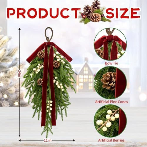 nuvagiki Christmas Teardrop Swag Decorations, 24'' Christmas Teardrop Wreath Artificial Pine Needle Berries Hanging Decor, Red Velvet Bow Swag Decorations for Front Door Mantle Wall Indoor Home Decor