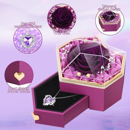 Preserved Real Rose with Necklace Forever Flowers Diamond shaped Box for Mom Wife Girlfriend Grandma on Mothers Day Birthday Valentines Christmas Anniversary Beatiful Gifts for women (Purple)