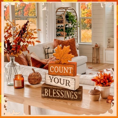 Moucuny 4 Pcs Fall Table Decoration Rustic Maple Leaf Stacked Wooden Blocks