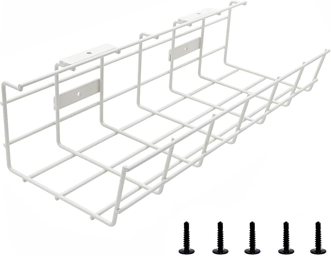 Under Desk Cable Management- 1 Pack Cord Organizer. Metal Wire Cable Management Tray for Office, Studio and Home. Super Sturdy Under Table Cable Management - White Cable Organizer