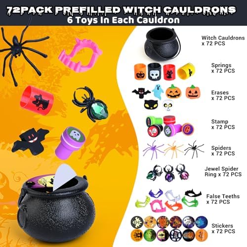 576 PCS Halloween Party Favors, 72 Pack Prefilled Witch Cauldrons With Toys
