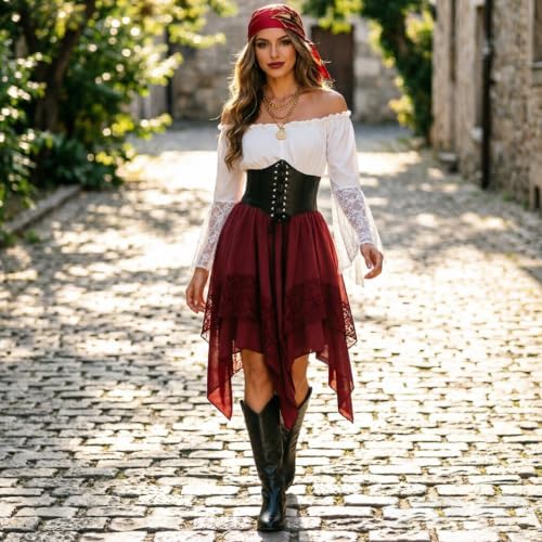 Women Pirate Costume Renaissance Medieval Outfit Halloween Top Skirt Set