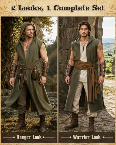NTYNTY 8 Pcs Mens Renaissance Costume Set Medieval Outfit with Hooded Surcoat Belt Pouch Bracers for Halloween LARP Ren Faire