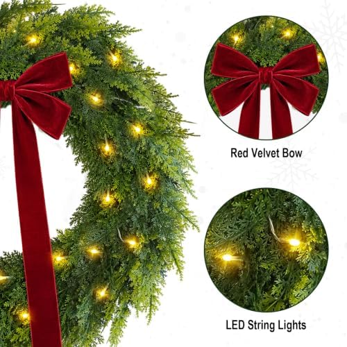 Christmas Decorations, 22 Inch Pre-Lit Christmas Wreath with Red Velvet Bow