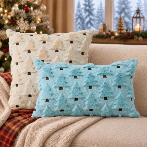 Allorry Christmas Pillow Covers 12x20 inch Set of 2 Blue Christmas Decorations Soft Plush Faux Fur Wool Christmas Tree Throw Pillow Cases Winter Holiday Decor for Sofa Living Room PT002F12