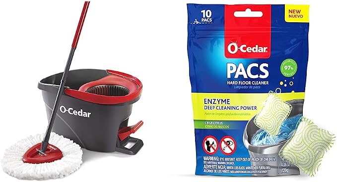 O-Cedar EasyWring Microfiber Spin Mop, Bucket Floor Cleaning System, Red, Gray + O-Cedar PACS Hard Floor Cleaner, Crisp Citrus Scent