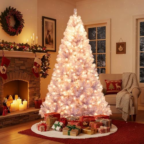HAPPYGRILL 7.5 FT Pre-lit Tinsel Christmas Tree Artificial Xmas Tree with 550 LED Lights, 8 Modes, 1300 Lavender Purple Branch Tips, Folding Metal Stand, Seasonal Holiday Tree for Home Office Party