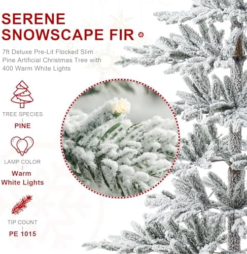 Glitzhome 7ft Deluxe Pre-Lit Flocked Artificial Christmas Tree Serene Snowscape Fir for Home, Office, Party Decoration with 400 Warm White Lights, Metal Hinges & Base, Easy Assembly