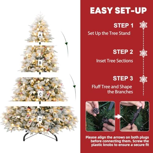 Hykolity 9 ft Prelit Flocked Christmas Tree, 600 Color Changing LED Lights, Artificial Christmas Pine Tree with Red Berries, 2842 PE&PVC Branch Tips, Metal Stand and Hinged Branches, 10 Modes