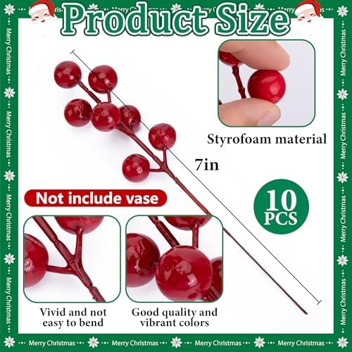 45 Pcs Christmas Artificial Pine Branches Red Berry Stems Faux Xmas Sprigs